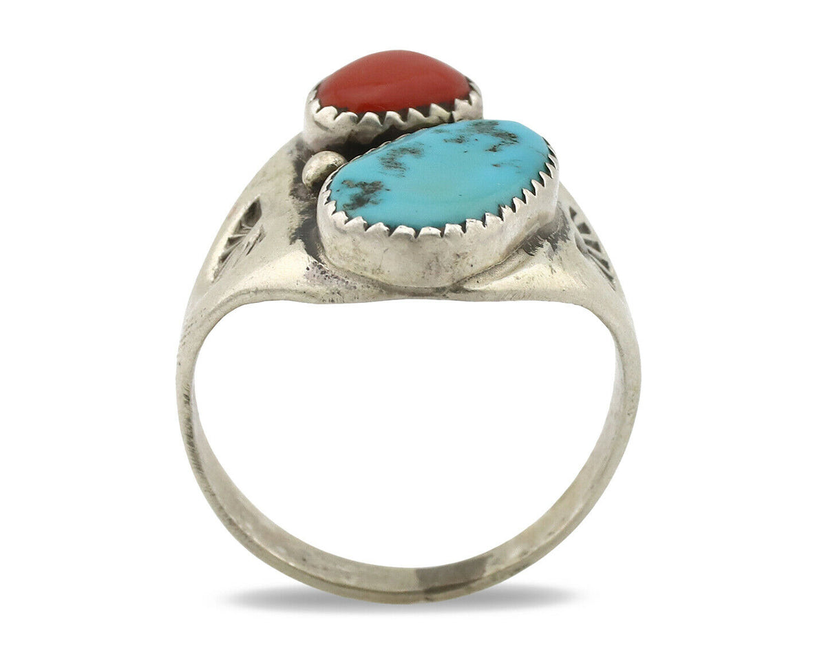 Zuni Ring .925 Silver Natural Turquoise & Coral Native American Artist C.1980's