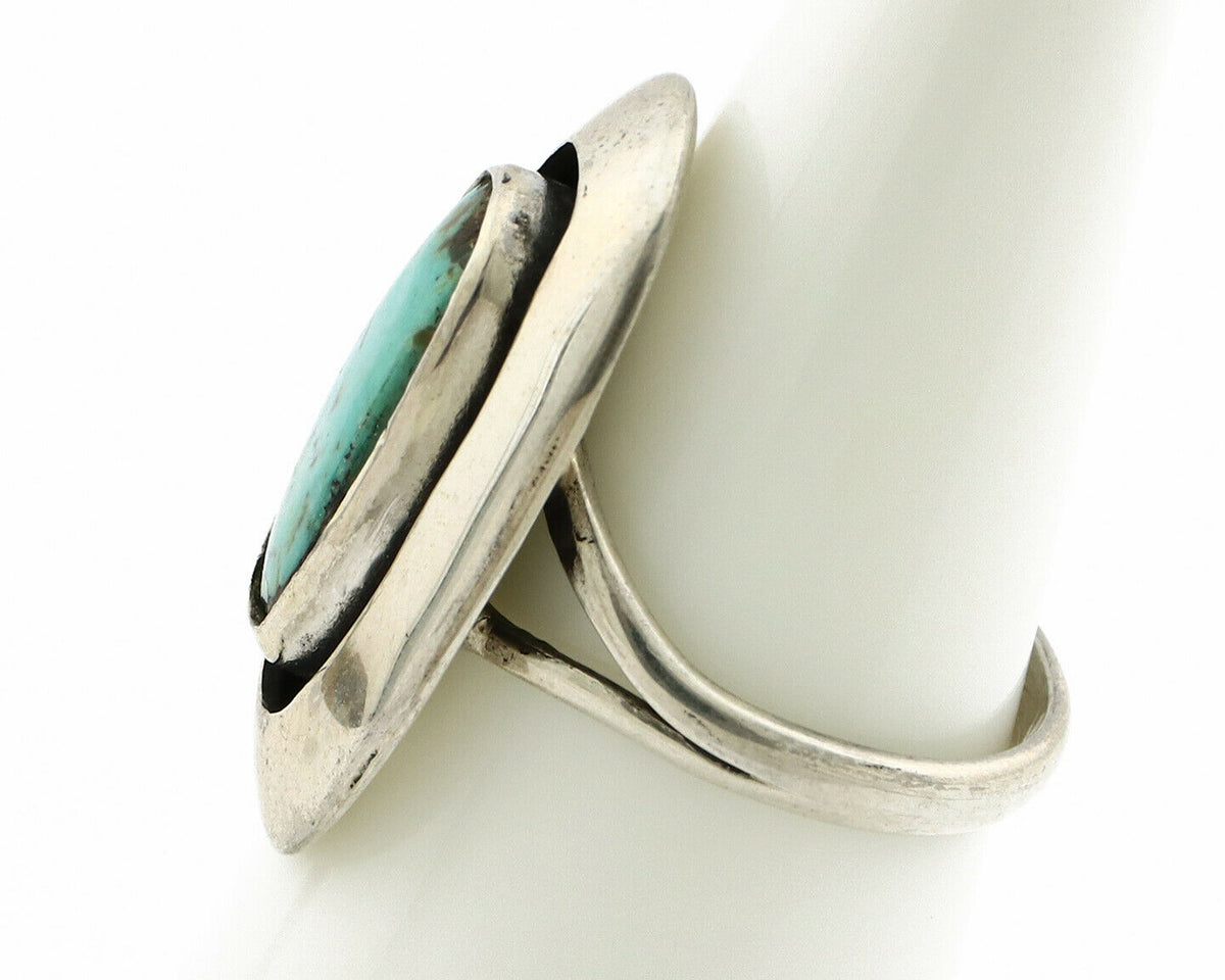 Navajo Shadow Box Ring .925 Silver Kingman Turquoise Signed M Montoya C80s