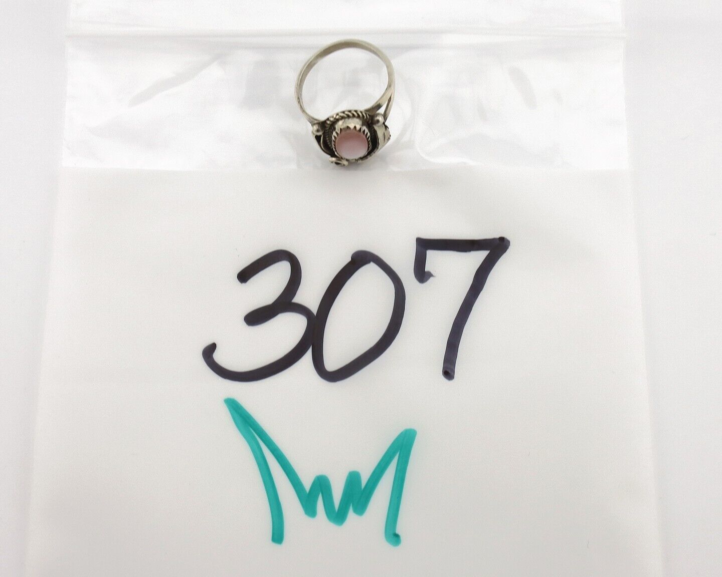 Navajo Ring .925 Silver Natural Pink Mussel Artist Signed Justin Morris C.80's