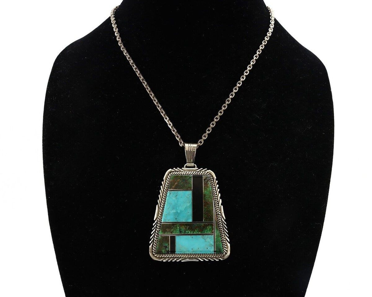 Navajo Necklace 925 Silver Turquoise & Onyx Artist Signed LTB C.80's