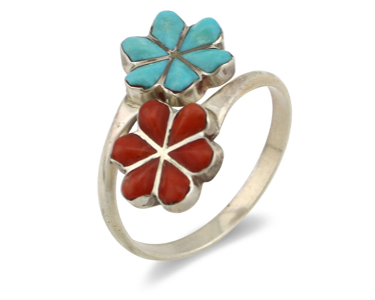 Zuni Flower Ring 925 Silver Turquoise & Coral Native American Artist C.80's