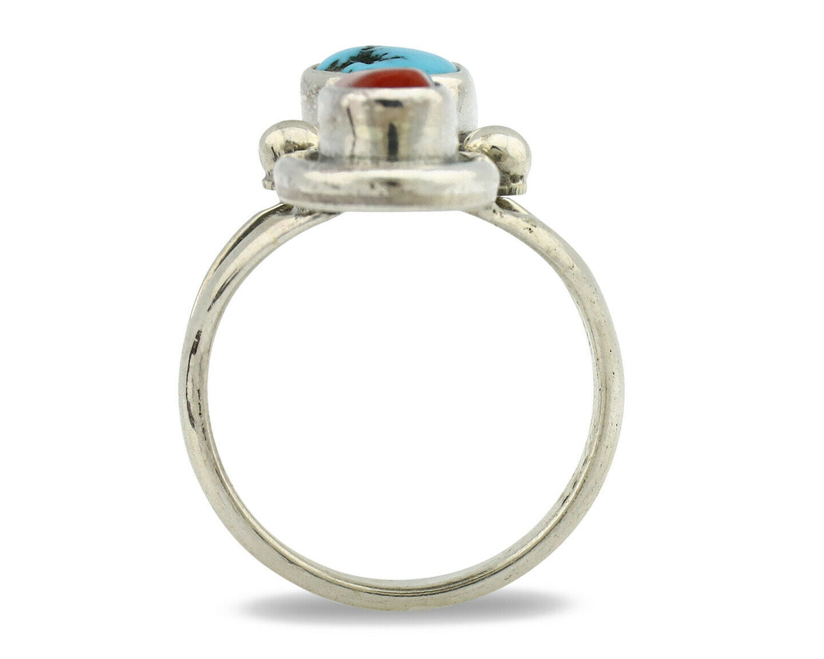 Navajo Ring .925 Silver Red Coral & Blue Turquoise Native Artist C.80's