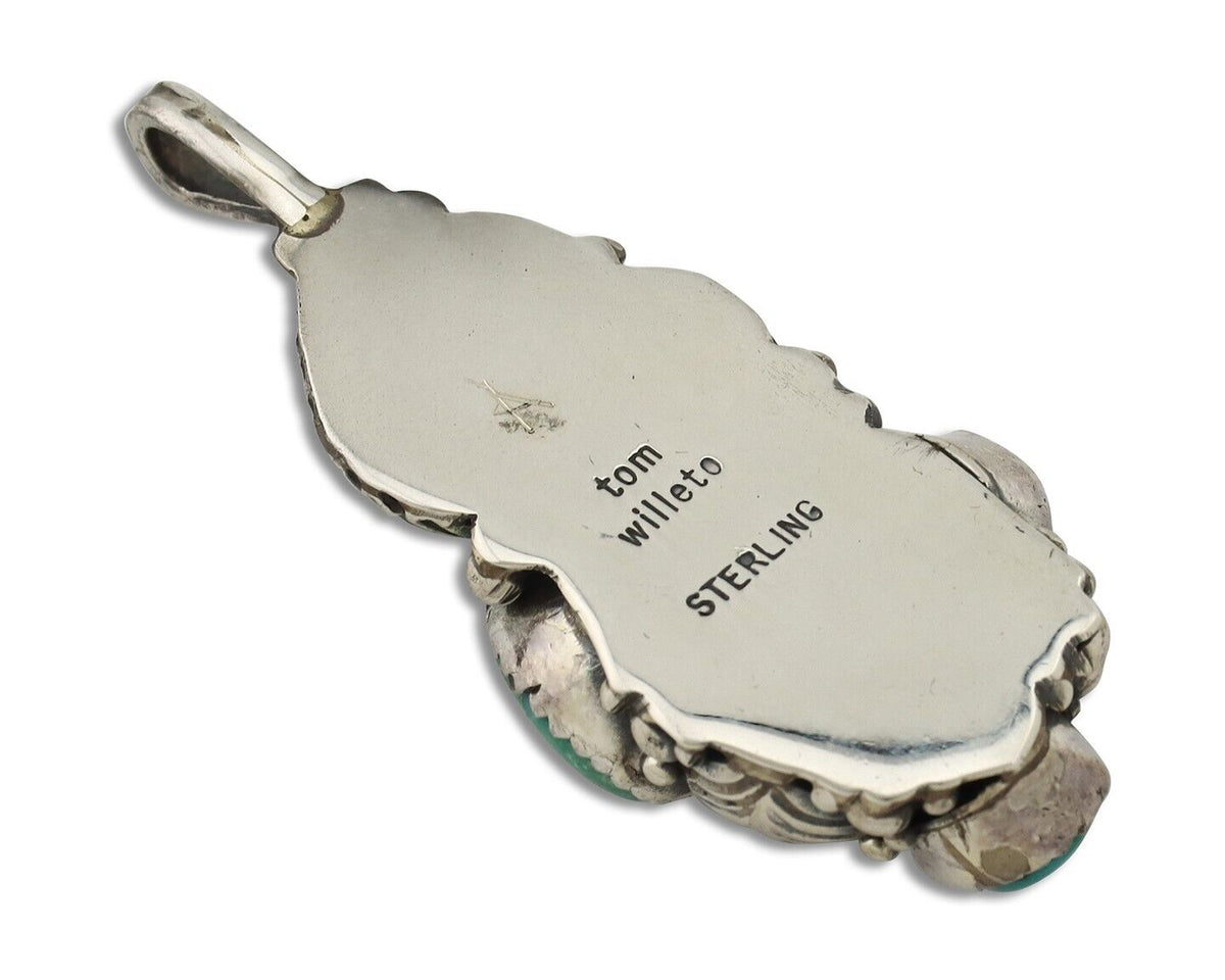 Navajo Pendant 925 Silver Natural Mined High Grade Turquoise Signed Tom Willeto