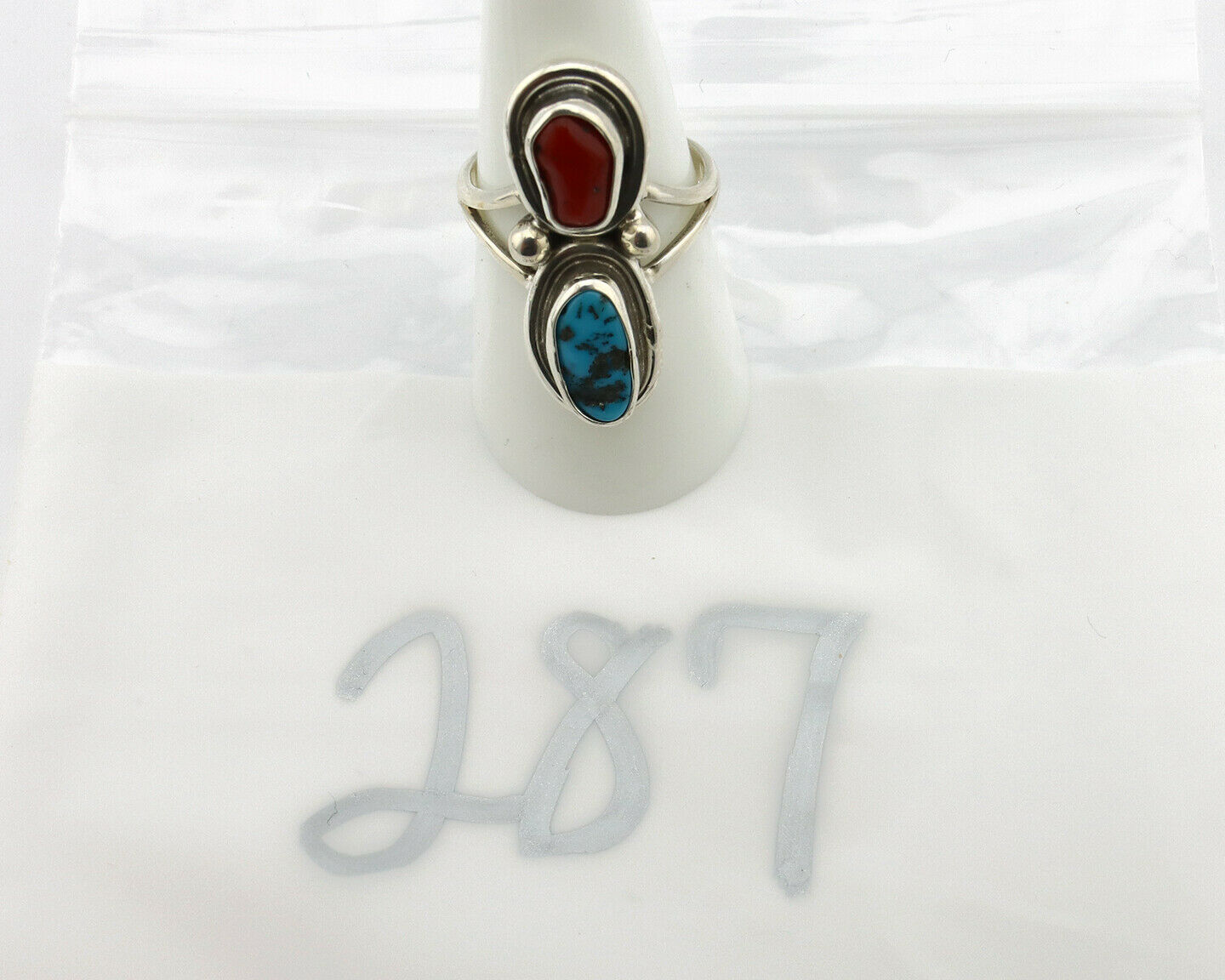 Navajo Ring .925 Silver Blue Turquoise & Red Coral Native American Artist C.80's