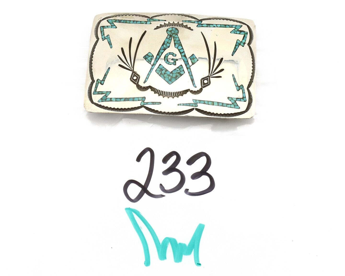 Navajo Belt Buckle .925 Silver Handmade Chip Inlay Artist Signed Bee Gay C.80's