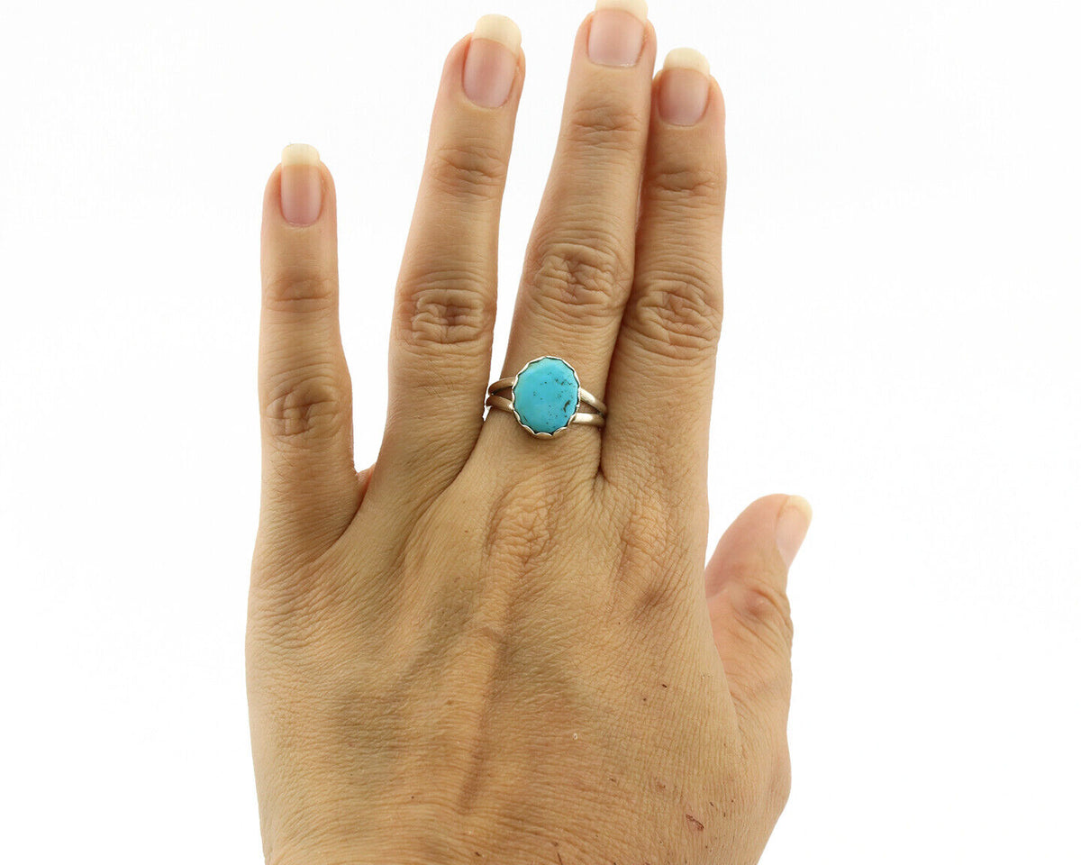 Navajo Ring .925 Silver Sleeping Beauty Turquoise Native American Artist C.1980s