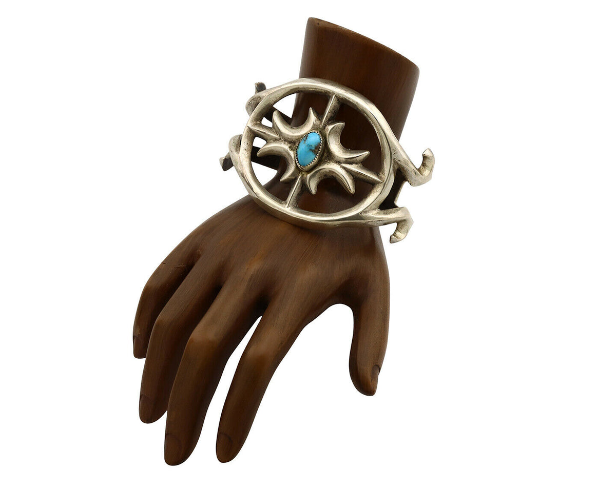 Navajo Sand Cast Cuff Bracelet .925 Silver Morenci Turquoise Native Artist C.80s