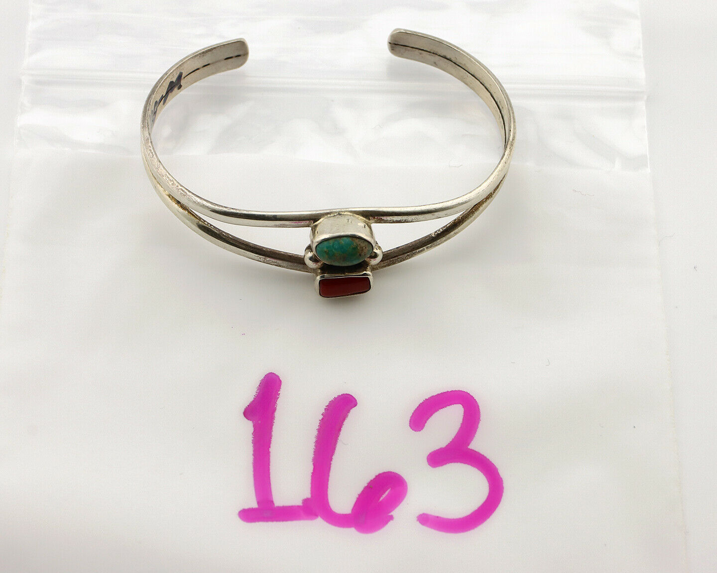 Navajo Bracelet .925 Silver Turquoise & Coral Artist Native American C.1980's