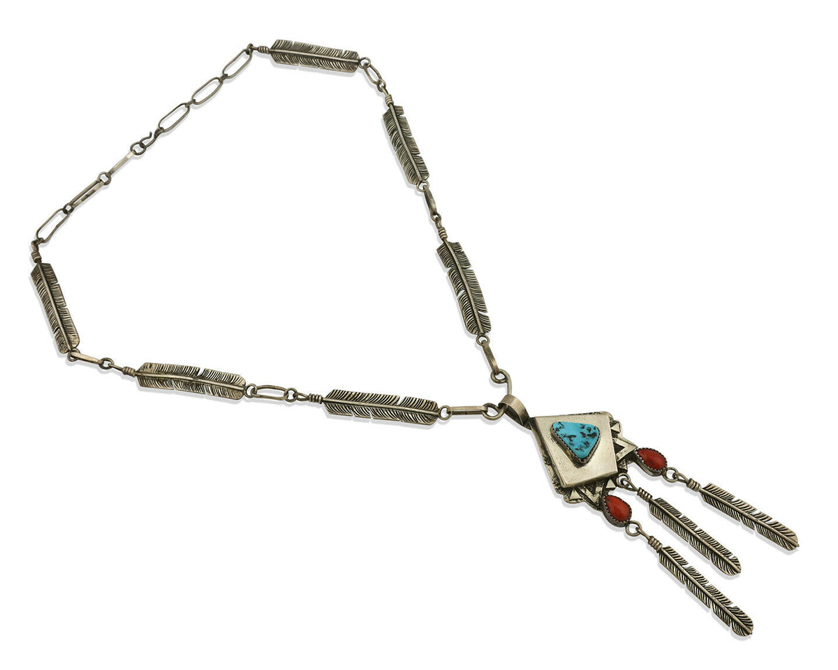 Navajo Necklace .925 Silver Red Coral & Turquoise Signed G C.1977