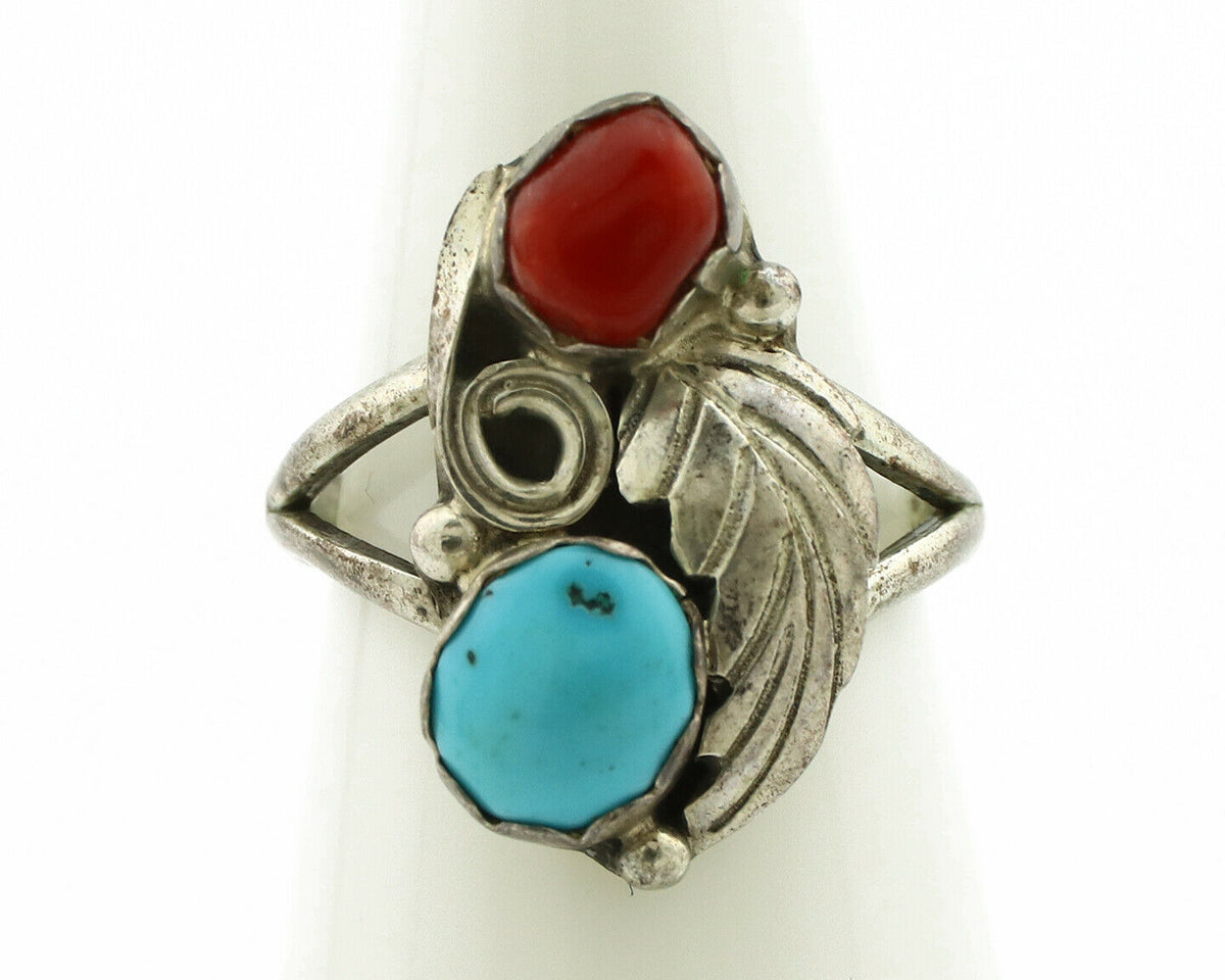 Navajo Ring .925 Silver Turquoise & Coral Native American Artist C.1980's