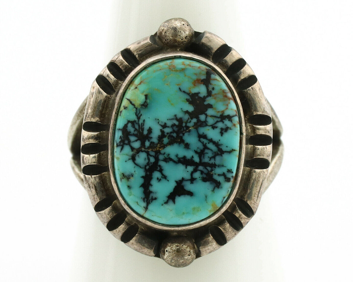 Navajo Ring .925 Silver Kingman Turquoise Artist Signed Gecko C.1980's
