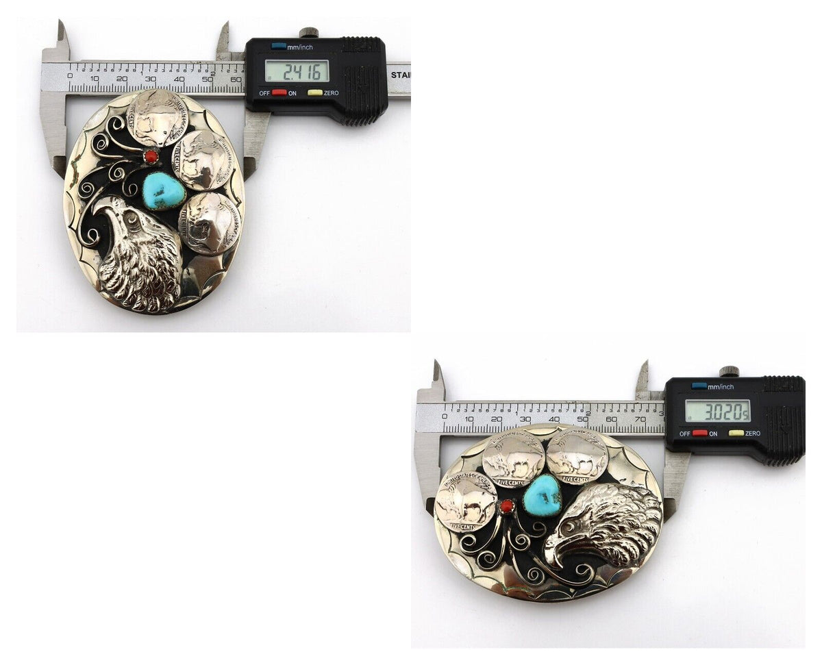 Navajo Eagle Belt Buckle Nickle Silver Gemstone Handmade Native American C.80's