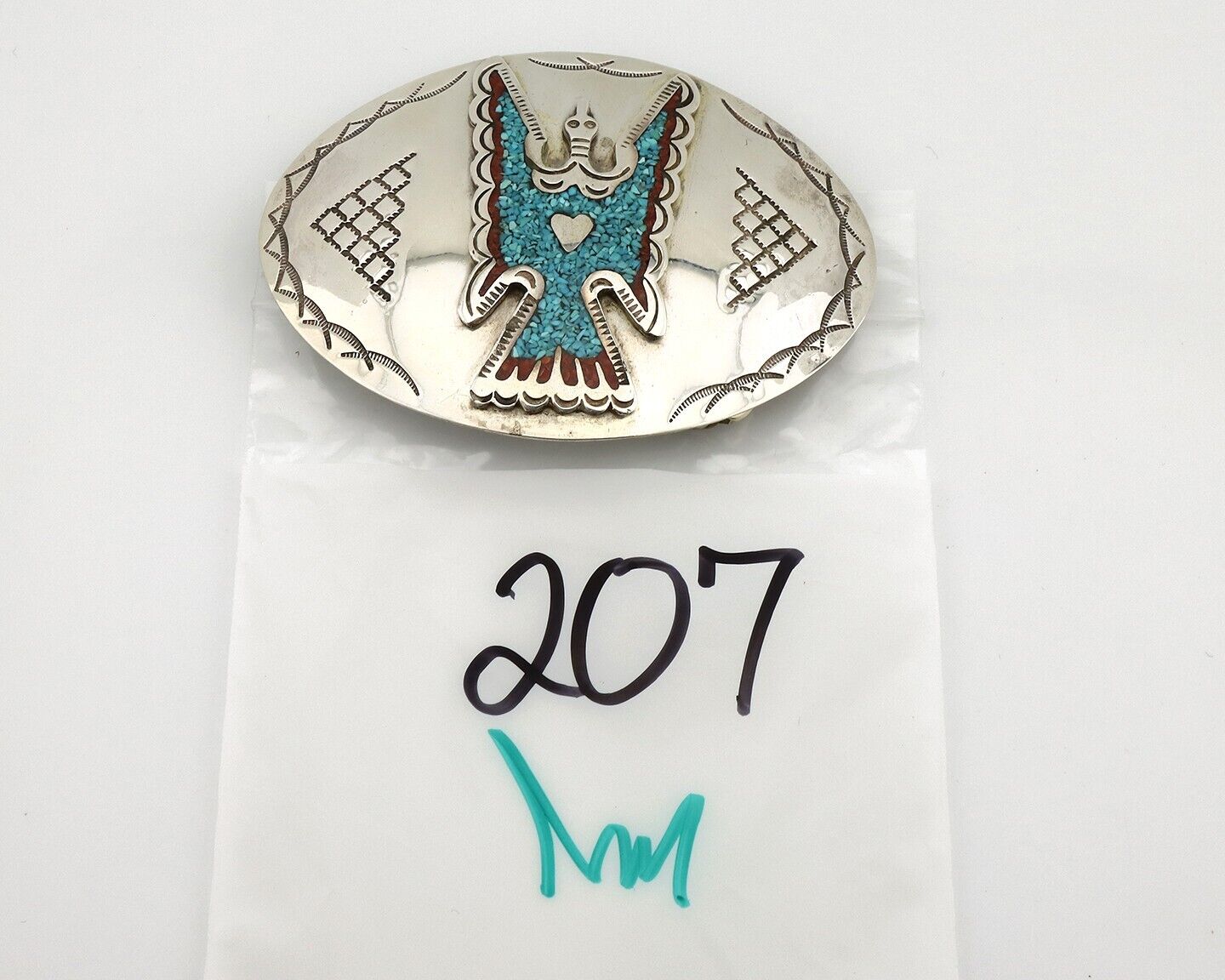 Navajo Belt Buckle 925 Silver Handmade Chip Inlay Artist Signed CP C.80s
