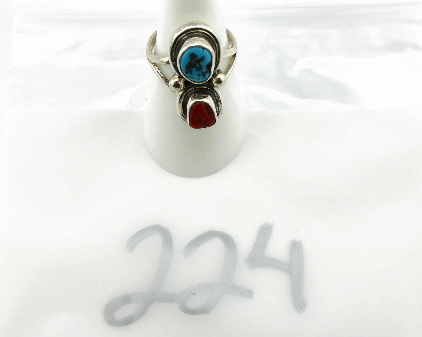 Navajo Ring .925 Silver Red Coral & Blue Turquoise Native Artist C.80's
