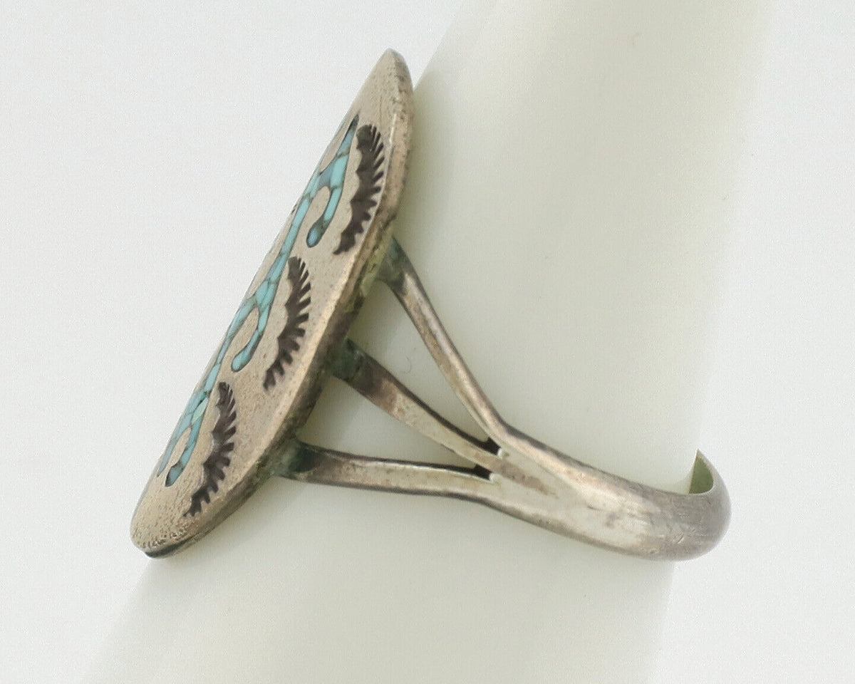 Small Navajo Ring 925 Silver Chip Inlay Turquoise Artist Signed NAKAI C.80's