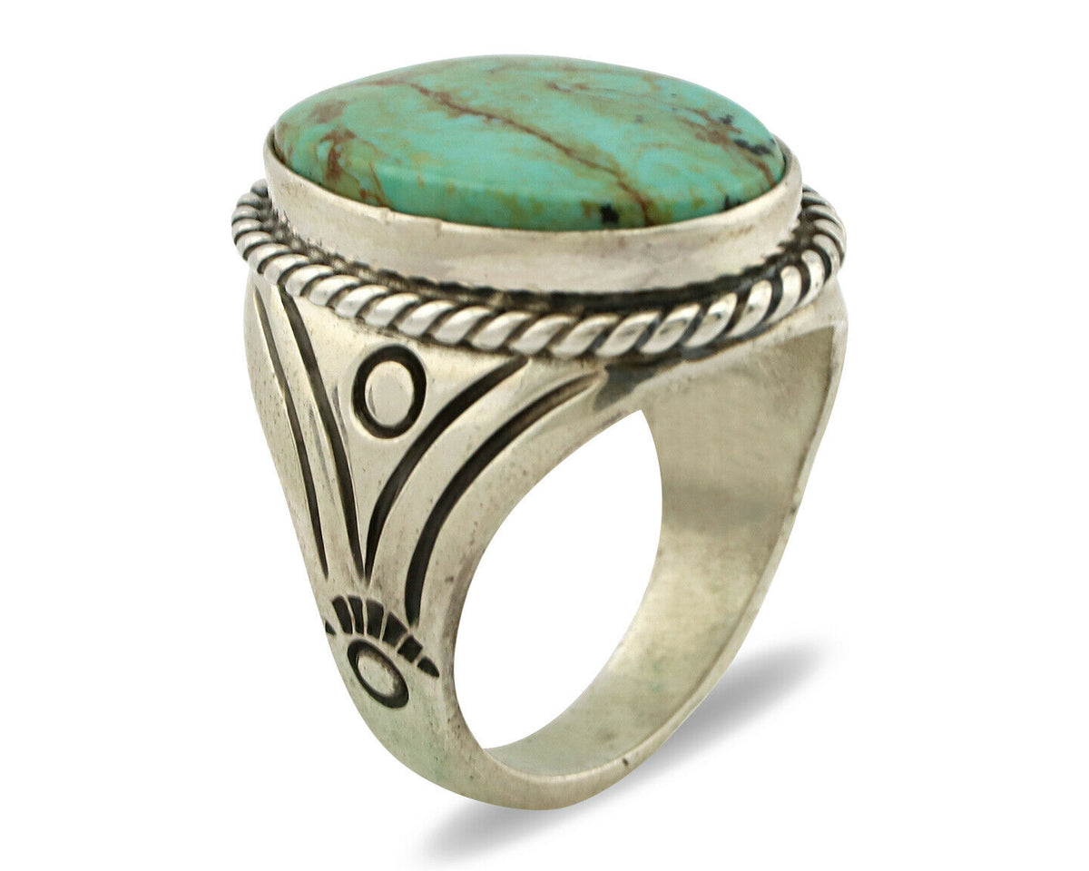 Navajo Ring .925 Silver Bluegreen Turquoise Signed Calvin Peterson C.80's