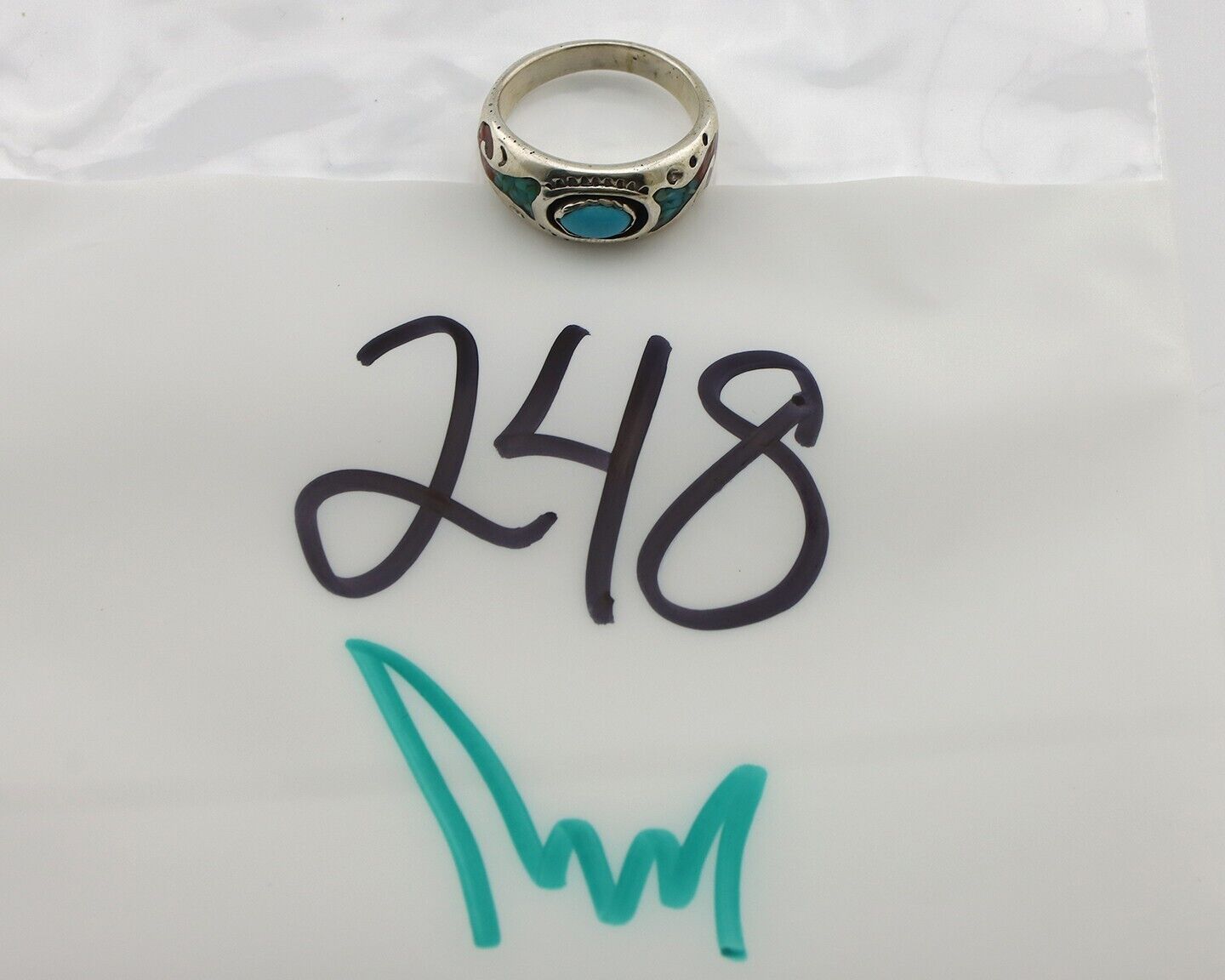 Navajo Handmade Ring 925 Silver Blue Turquoise & Coral Native American C.80's