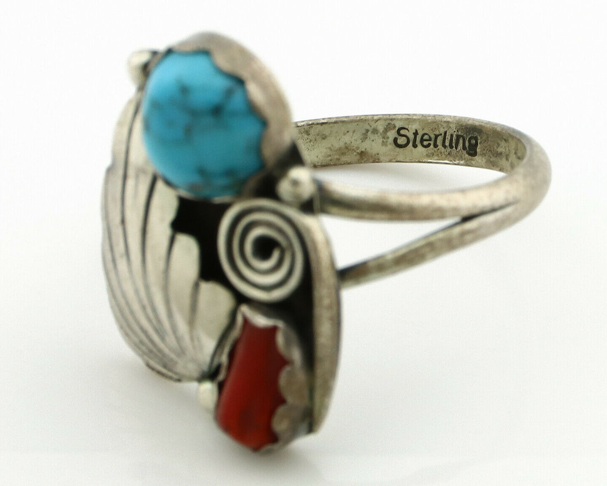 Navajo Ring .925 Silver Turquoise & Coral Native American Artist C.1980's