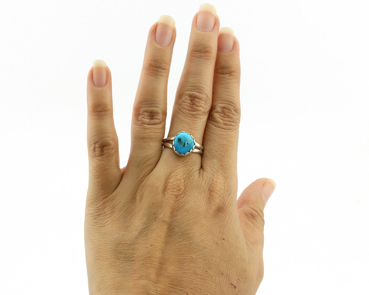 Navajo Ring .925 Silver Sleeping Beauty Turquoise Native American Artist C.1980s