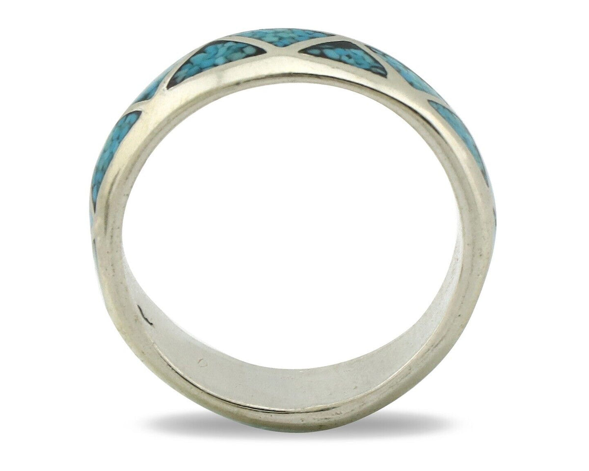 Navajo Chip Inlay Ring 925 Silver Sleeping Beauty Turquoise Artist Silver Cloud