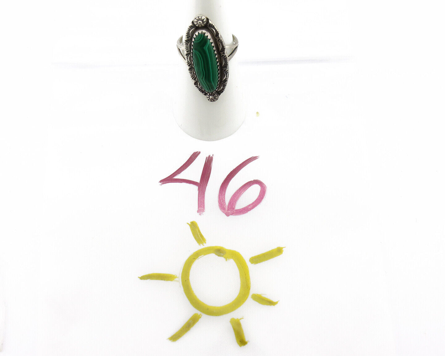 Navajo Ring 925 Silver Natural Malachite Artist Native American Signed H C.80's