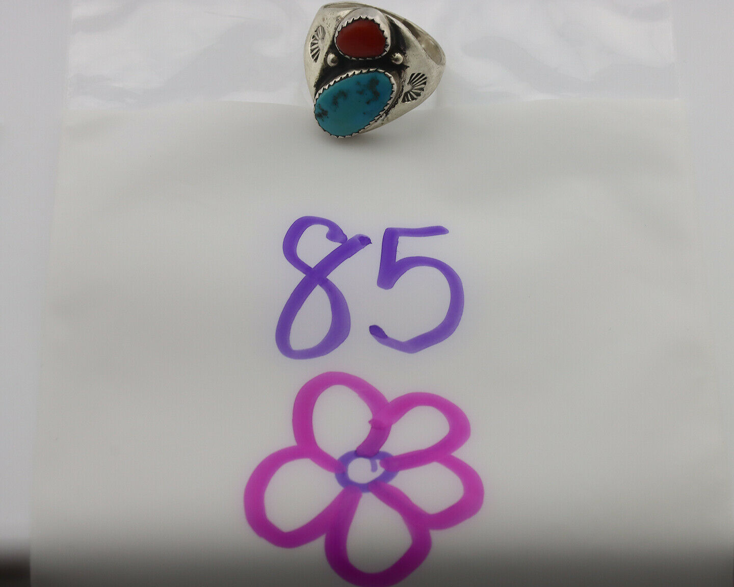 Zuni Ring .925 Silver Natural Turquoise & Coral Native American Artist C.1980's