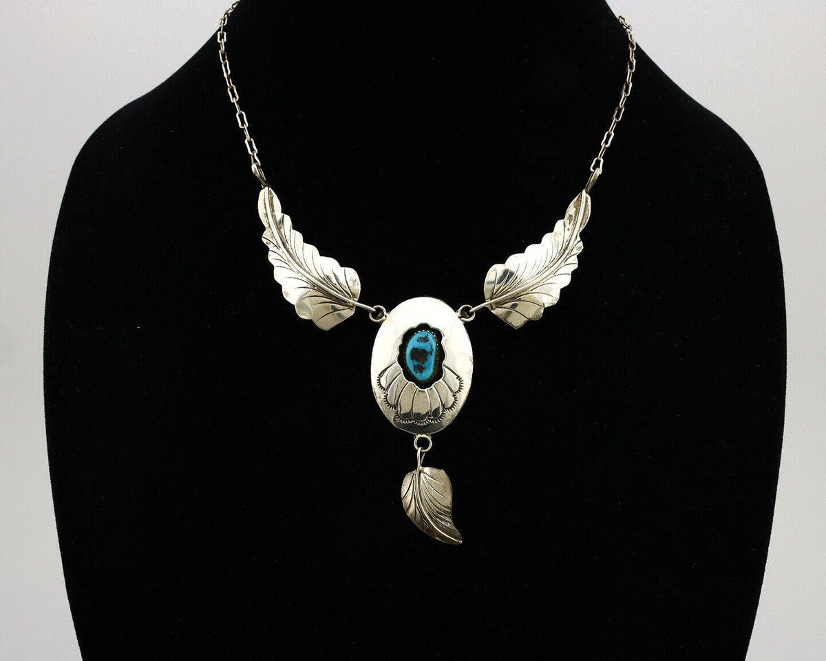 Navajo Necklace .925 Silver Sleeping Beauty Turquoise Signed M C.80's