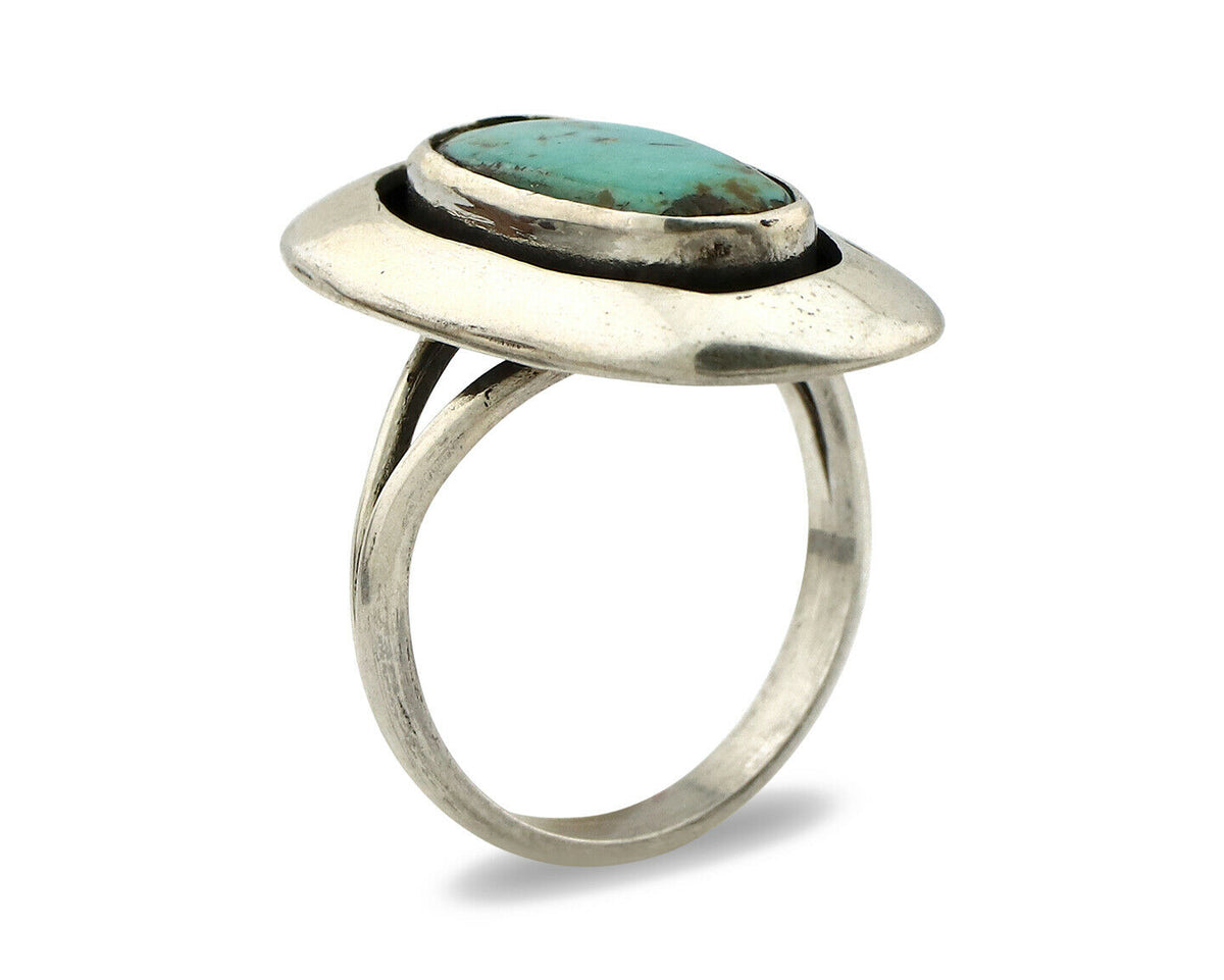 Navajo Shadow Box Ring .925 Silver Kingman Turquoise Signed M Montoya C80s