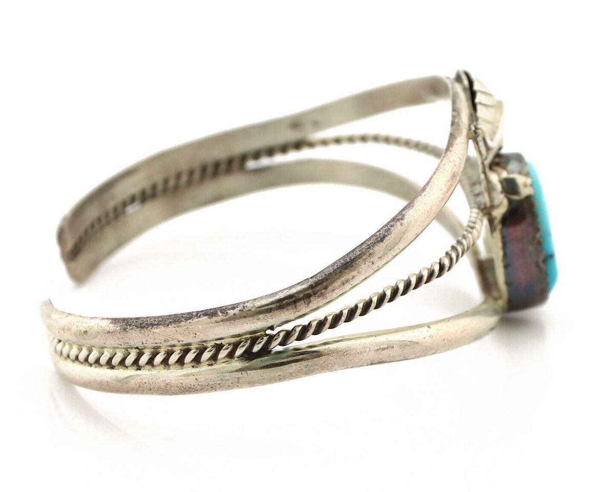 Navajo Chip Inlay Cuff Bracelet 925 Silver Turquoise Native American Artist C80s