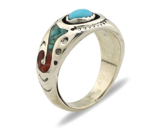 Navajo Handmade Ring 925 Silver Blue Turquoise & Coral Native American C.80's