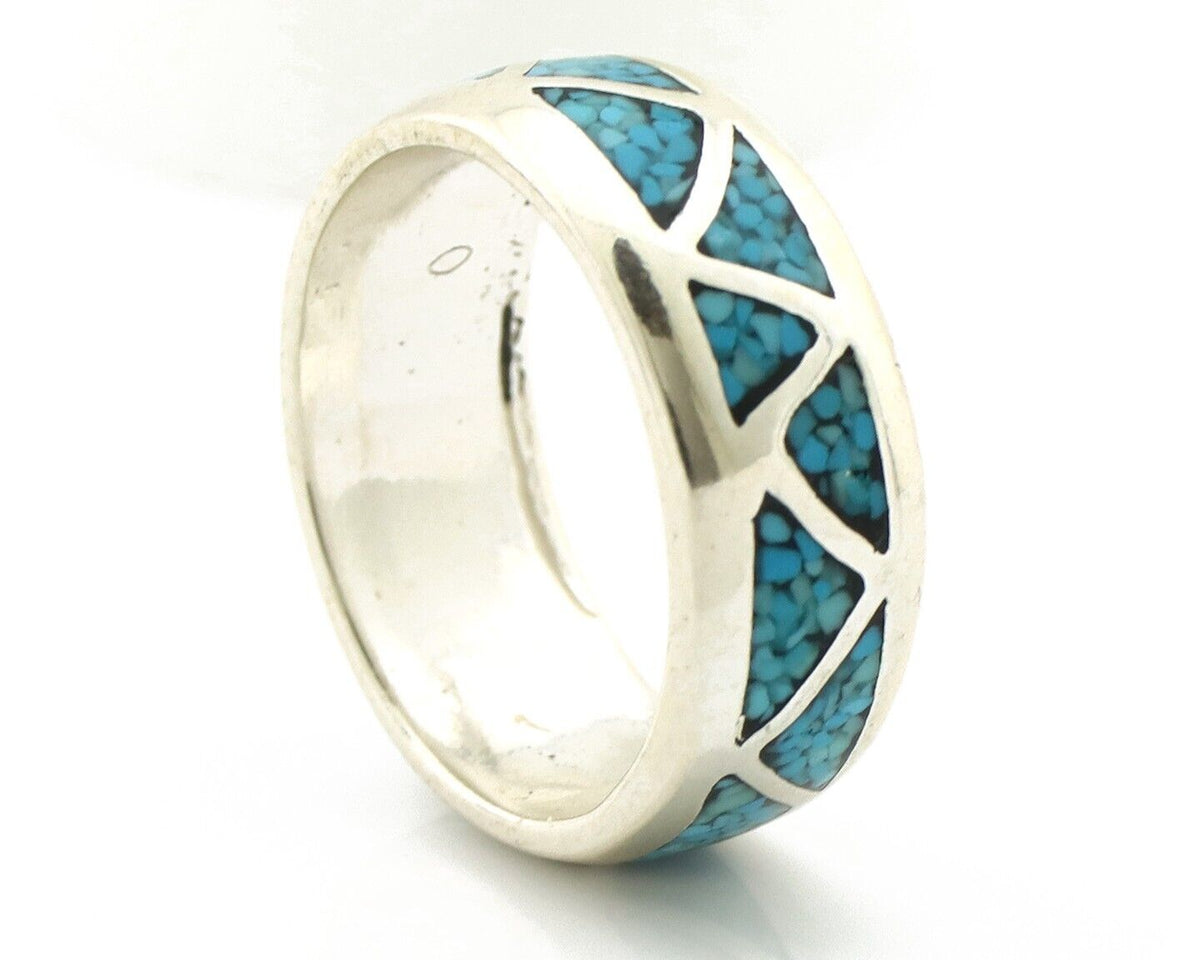 Navajo Chip Inlay Ring 925 Silver Sleeping Beauty Turquoise Artist Silver Cloud