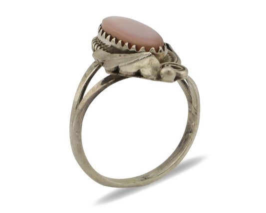 Navajo Ring .925 Silver Natural Pink Mussel Artist Signed Justin Morris C.80's