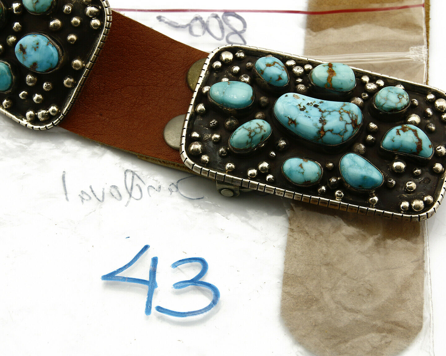 Navajo Concho Belt .925 Silver Blue Gem Turquoise Signed J.S. Circa 80's