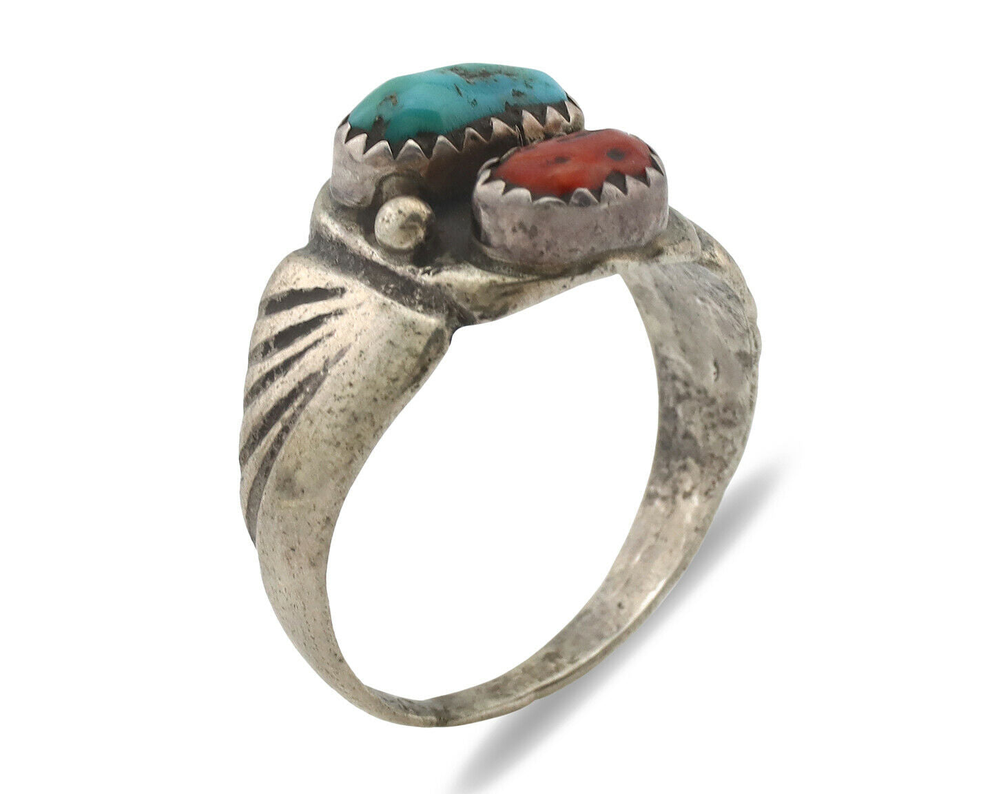 Zuni Ring .925 Silver Natural Turquoise & Coral Native American Artist C.1980's