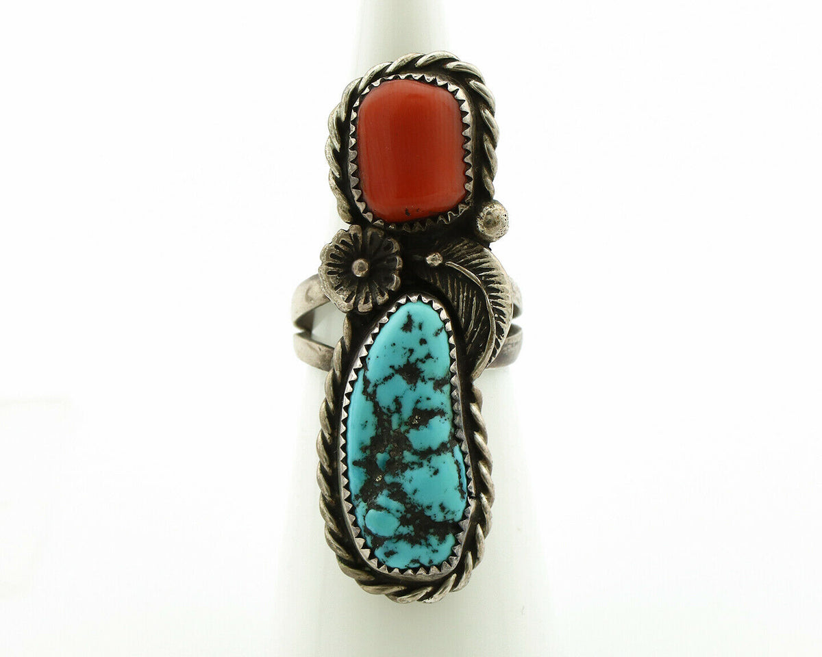 Navajo Ring .925 Silver Turquoise & Coral Native American Artist C.1980's