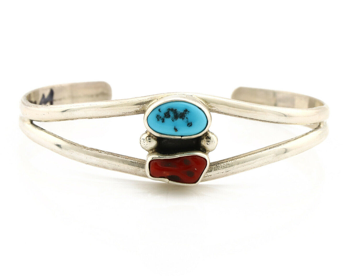 Navajo Bracelet .925 Silver Turquoise & Coral Artist Native American C.1980's