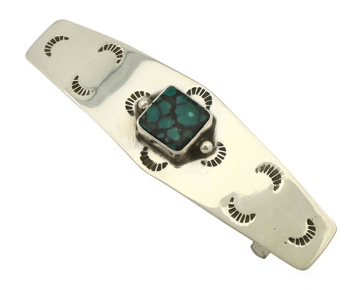 Navajo Hair Clip .925 Silver Green Spiderweb Turquoise Barrette C.80's