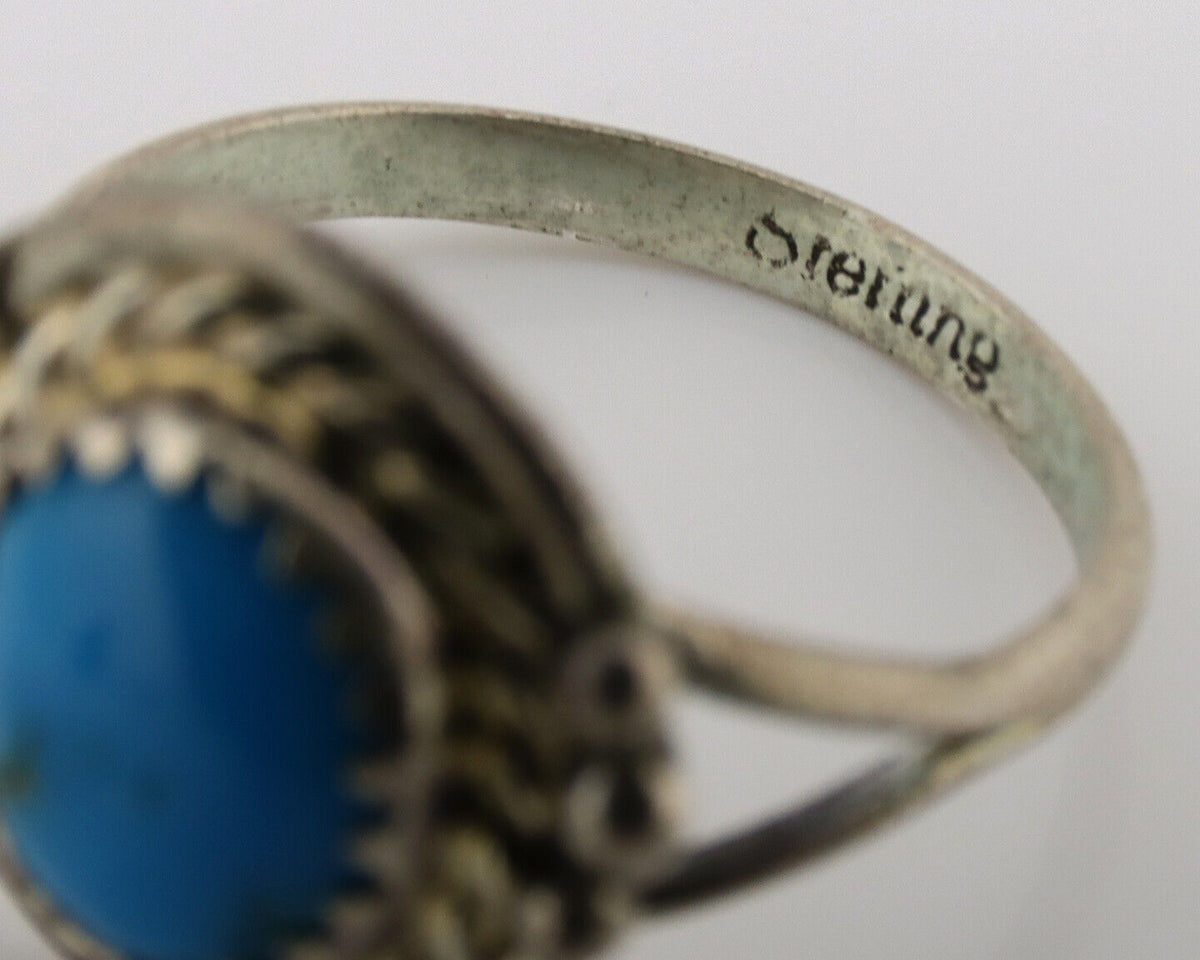 Navajo Ring .925 Silver Sleeping Beauty Turquoise Artist Signed Arrow C.80's