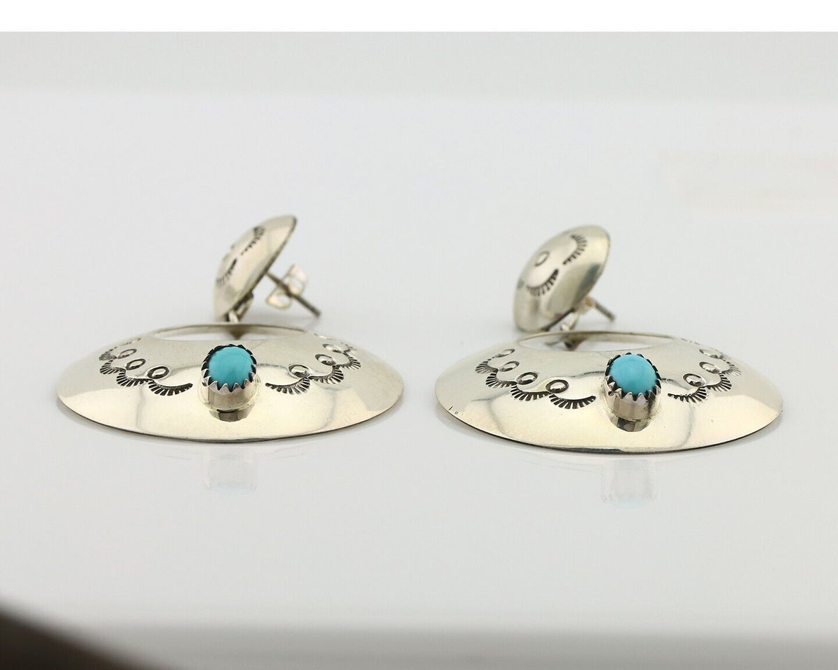 Navajo Handmade Earrings 925 Silver Blue Turquoise Signed Vera Jane C.80's