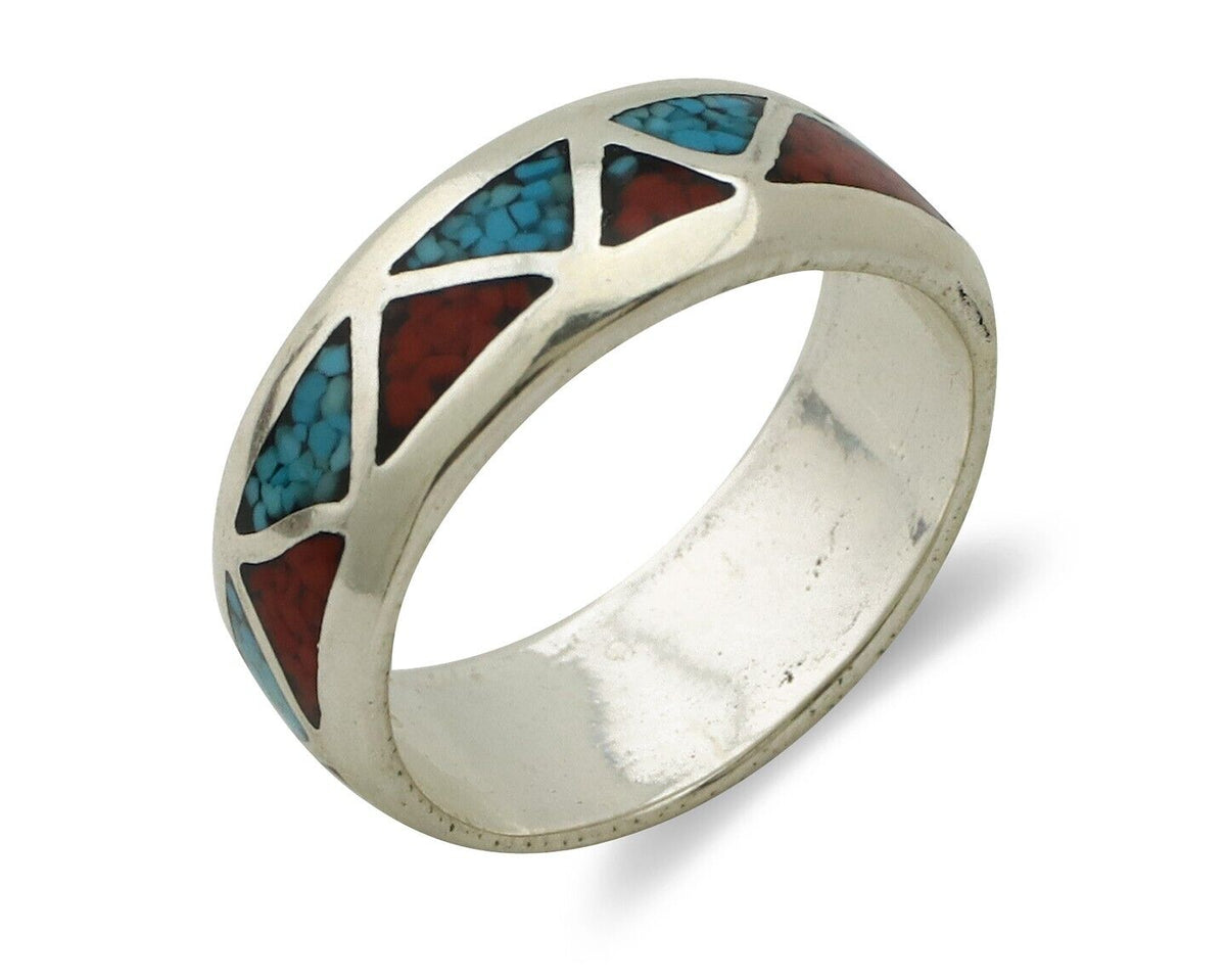 Navajo Chip Inlay Ring 925 Silver Sleeping Beauty Turquoise & Coral Silver Cloud