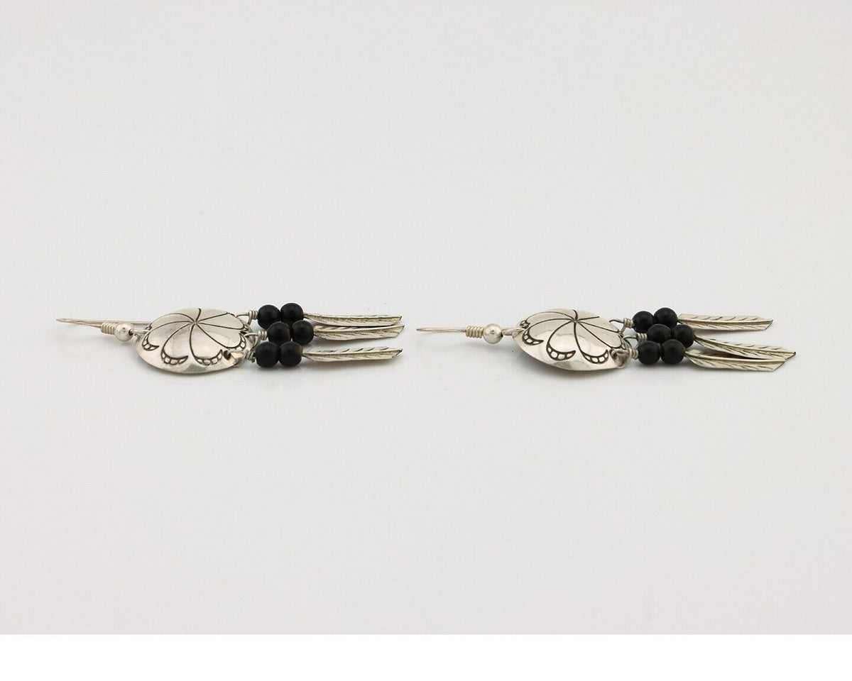 Navajo Earrings 925 Silver Natural Black Onyx Artist Signed T C.80's