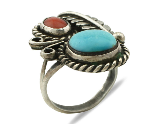 Navajo Ring .925 Silver Turquoise & Coral Native American Artist C.1975's