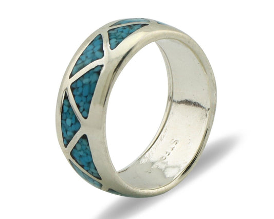 Navajo Chip Inlay Ring 925 Silver Sleeping Beauty Turquoise Artist Silver Cloud