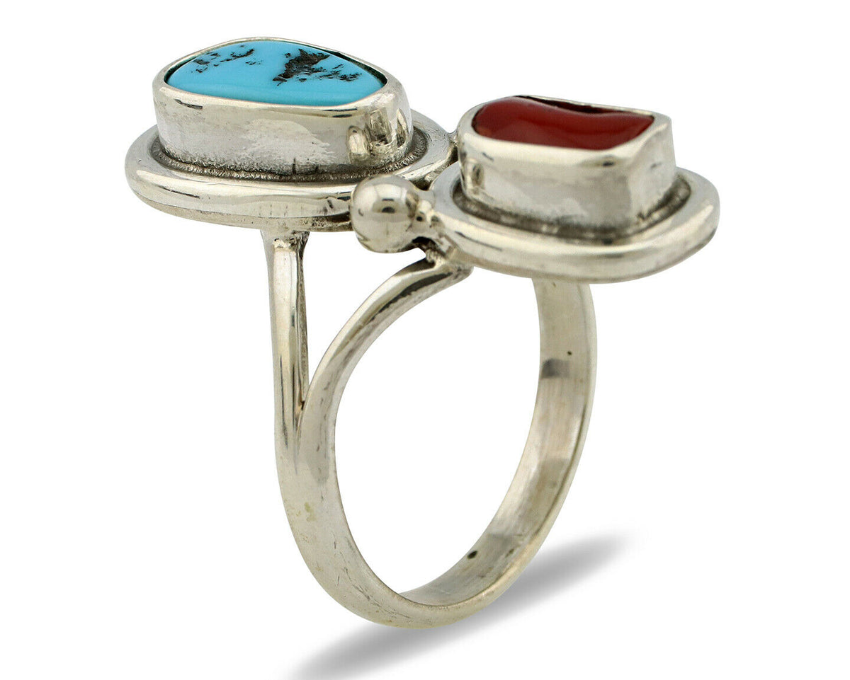 Navajo Ring .925 Silver Blue Turquoise & Red Coral Native American Artist C.80's
