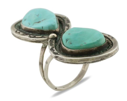 Navajo Ring .925 Silver Globe Turquoise Hand Stamped Native American Artist C80s