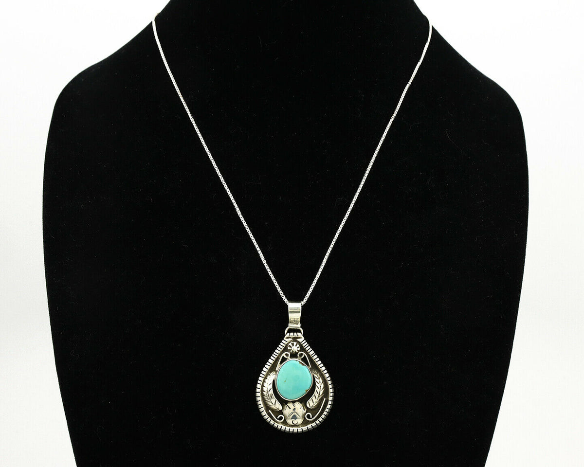 Navajo Necklace .925 Silver Kingman Turquoise Signed Tepee C.1980's