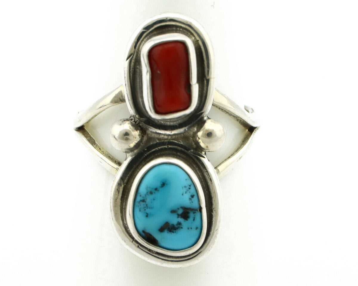 Navajo Ring .925 Silver Red Coral & Blue Turquoise Native Artist C.80's