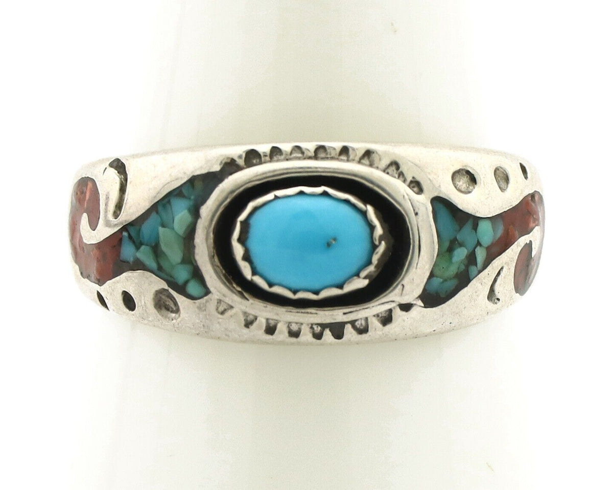 Navajo Handmade Ring 925 Silver Blue Turquoise & Coral Native American C.80's