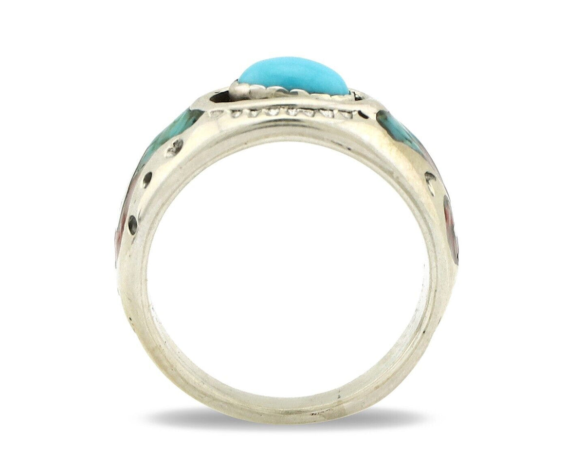 Navajo Handmade Ring 925 Silver Blue Turquoise & Coral Native American C.80's