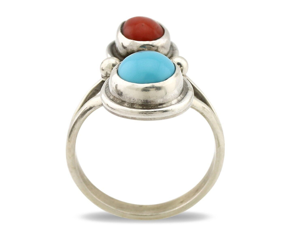 Navajo Handmade Ring 925 Silver Coral & Turquoise Native American Artist C.80's